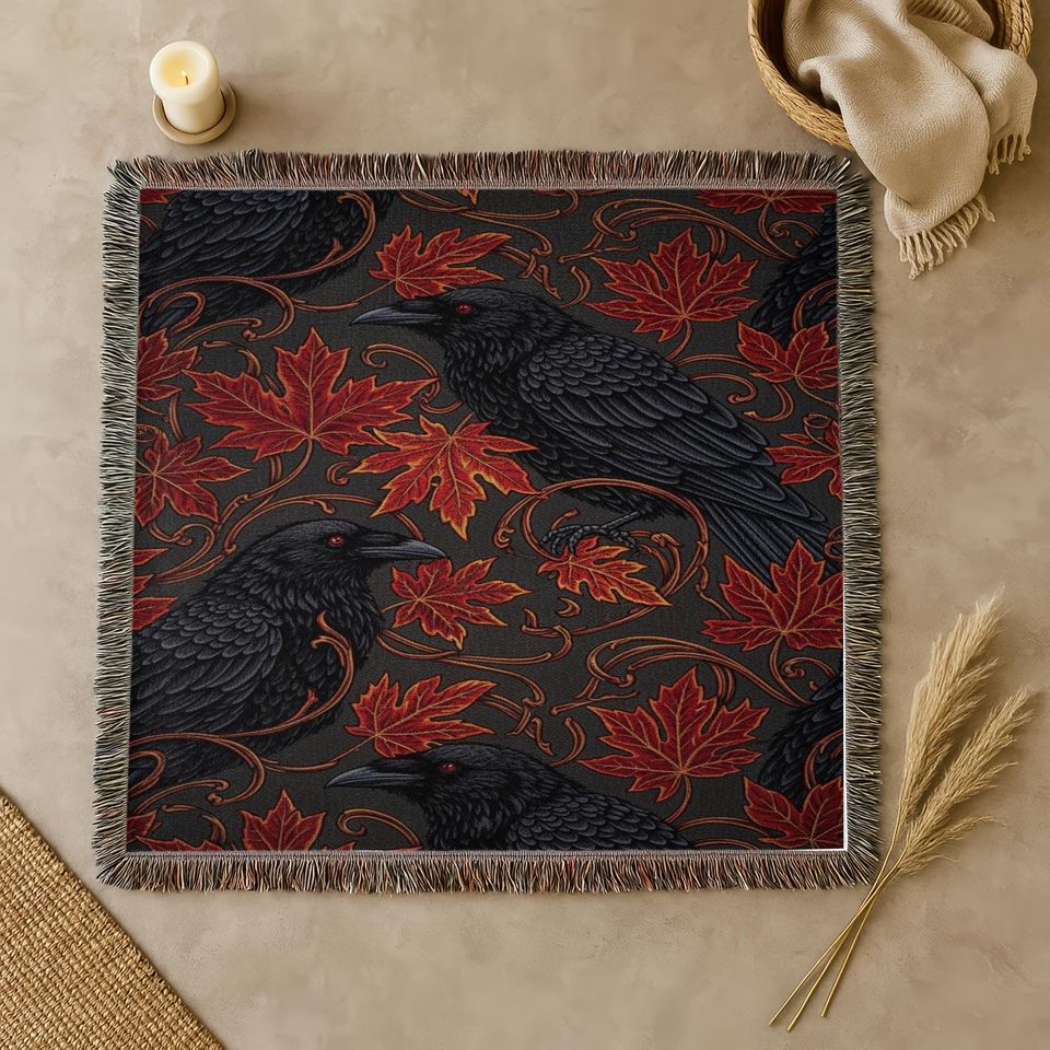 Gothic Raven Woven Blanket: Autumn Crow and Red Maple Leaves Throw