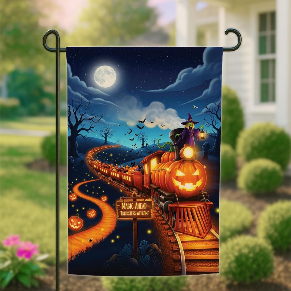 Halloween Garden Flag: Pumpkin Train, Witch on Jack-o'-Lantern - Spooky Decor