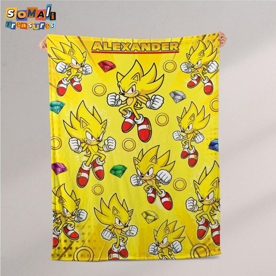Personalized Super Sonic Hedgehog Fleece Blanket - Custom Name Disney Throw for Kids Birthday Gift