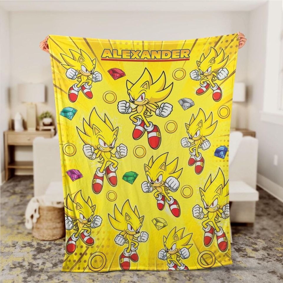 Personalized Super Sonic Hedgehog Fleece Blanket - Custom Name Disney Throw for Kids Birthday Gift