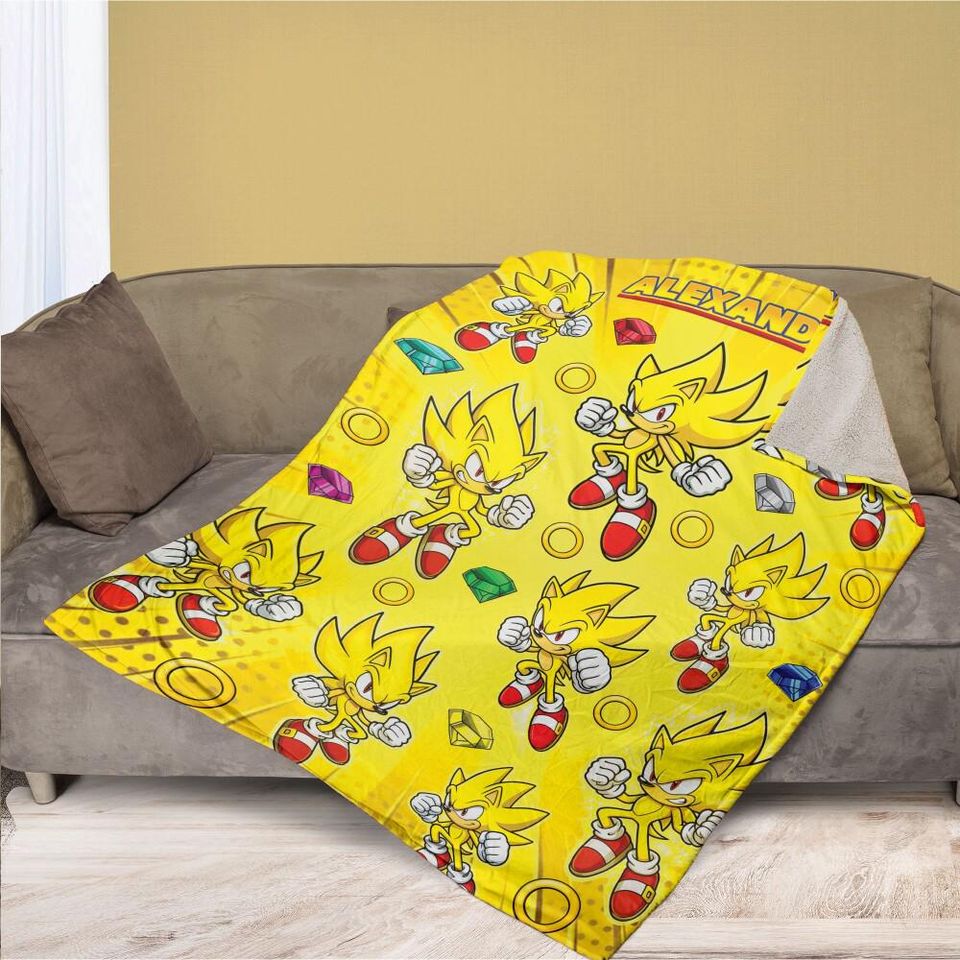 Personalized Super Sonic Hedgehog Fleece Blanket - Custom Name Disney Throw for Kids Birthday Gift