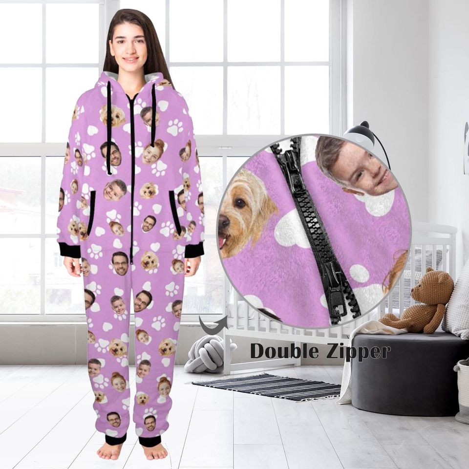Custom Face One-Piece Pajamas: Personalized Flannel Zipper PJs