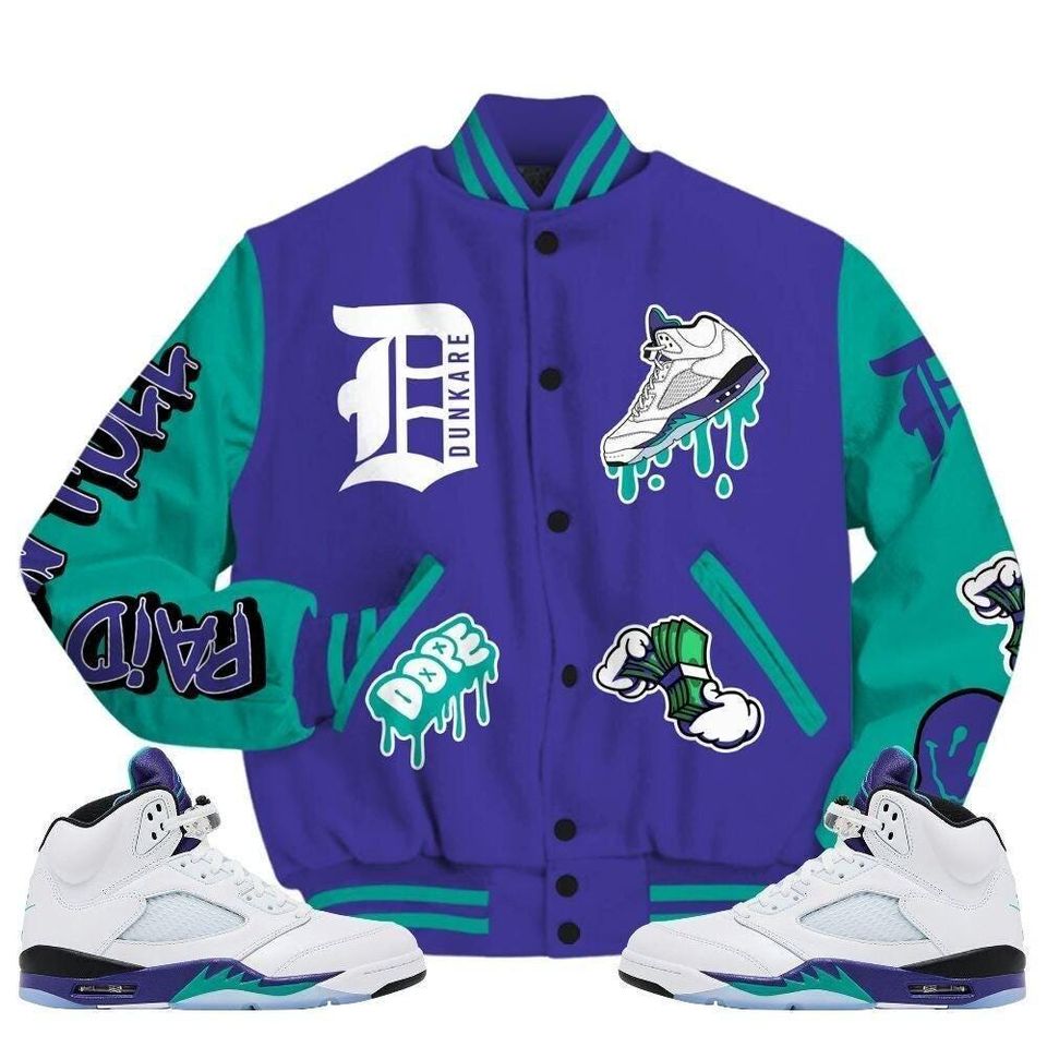 AJ 5  Retro Grape 5s Varsity Jacket- Paid In Full Bear