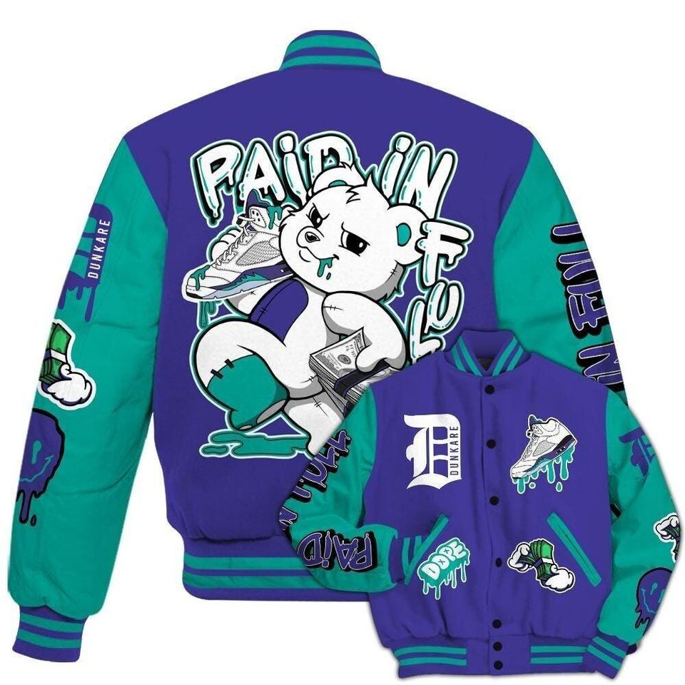 AJ 5  Retro Grape 5s Varsity Jacket- Paid In Full Bear