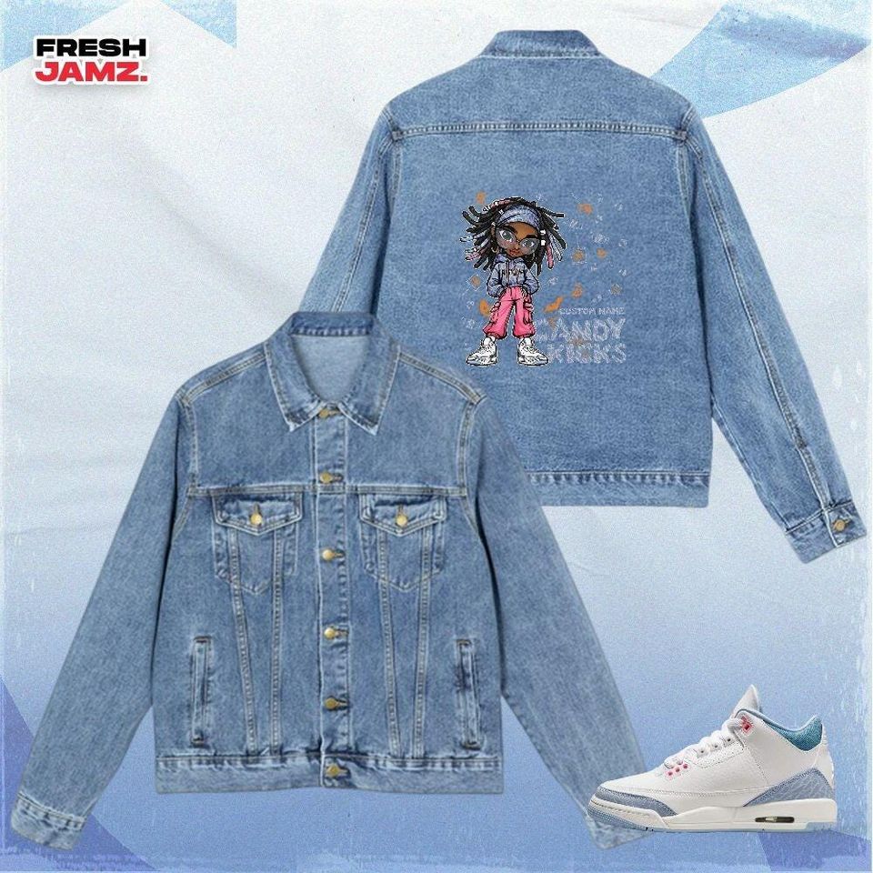 AJ 3 Cobalt Bliss Candy Kicks Halloween, Denim Jacket Unisex Match Sneaker, Streetwear Personalized