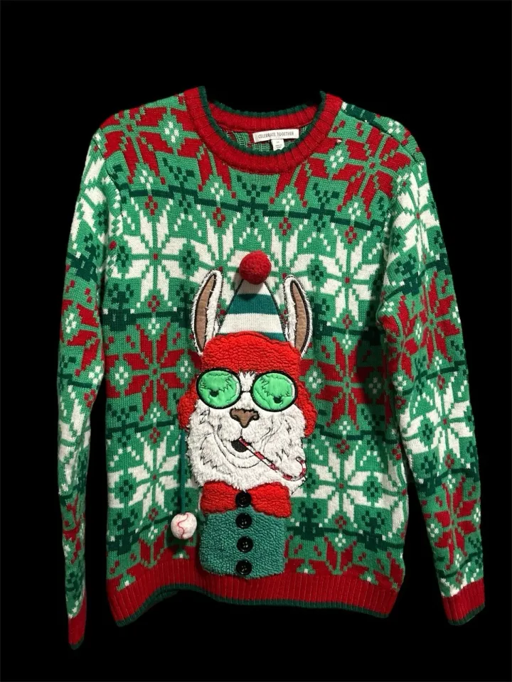 Ugly Christmas Sweater Llama Pipe 3D Pom Pom Lights Medium Celebrate Together