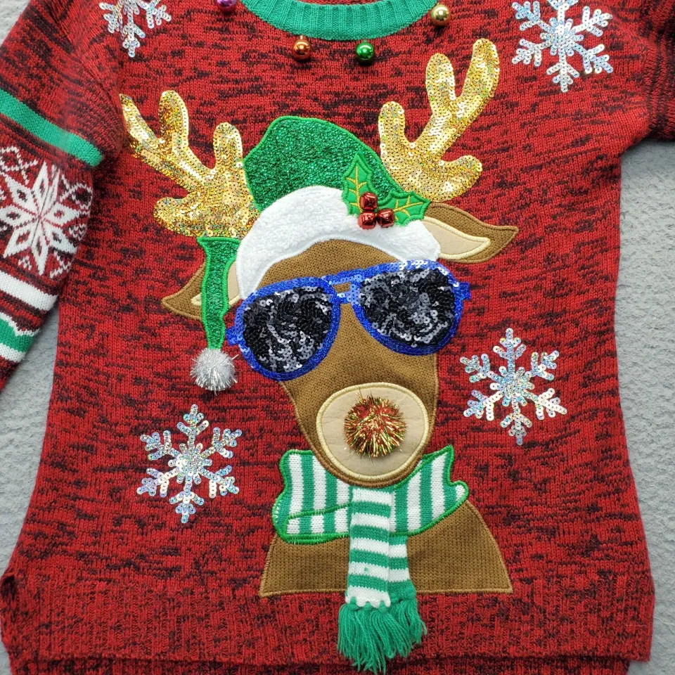 Ugly Christmas Sweater Womens Small Multicolor Rudolph Reindeer Snowflake Sequin