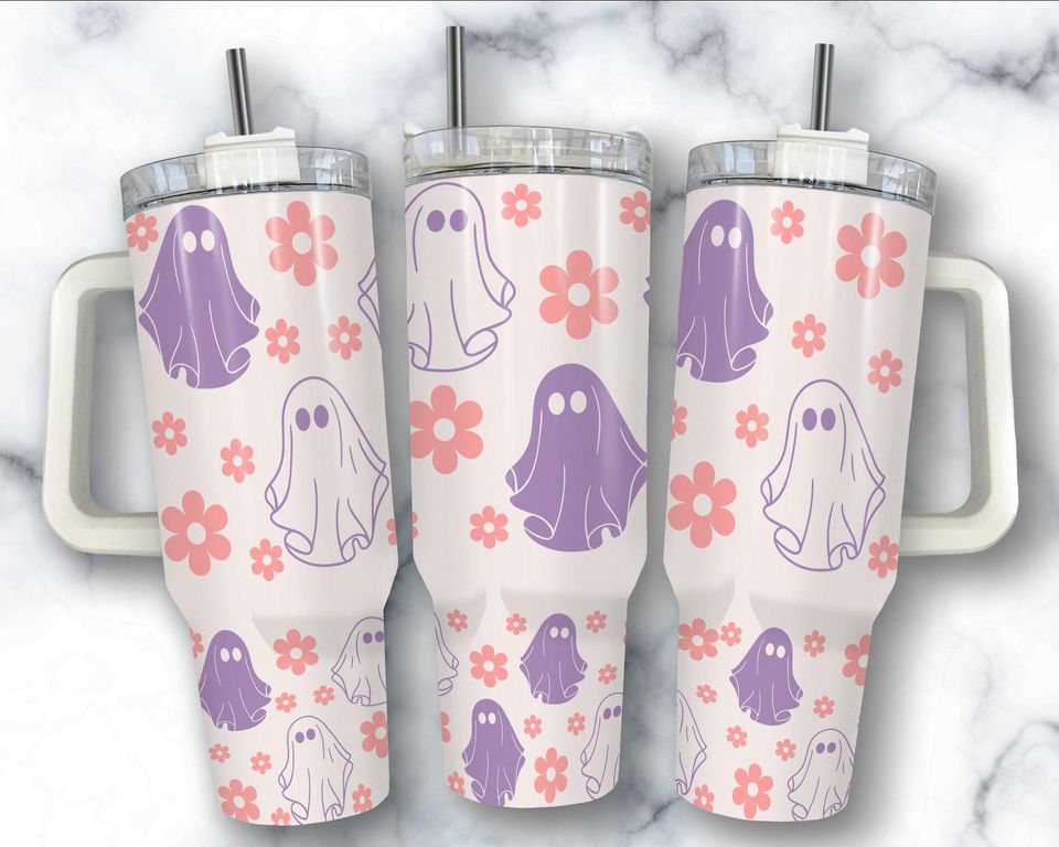Spooky Purple Ghost Tumbler: 40 oz Halloween Cup with Handle