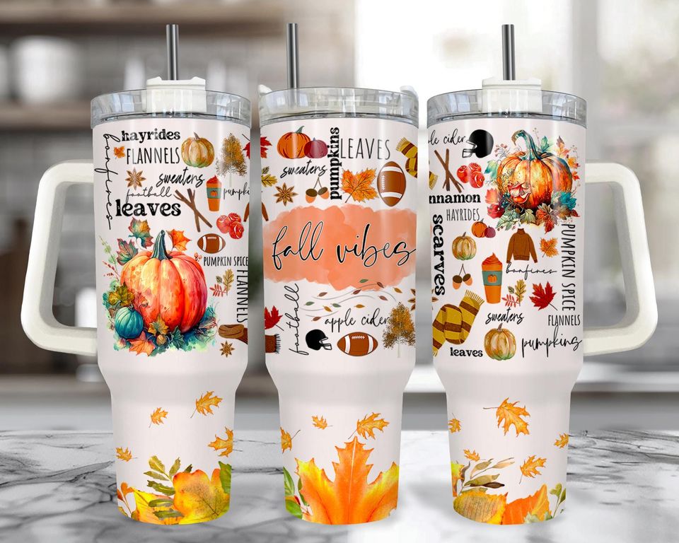 Fall Vibes 40 oz Tumbler with Handle: Autumn Pumpkin Spice Cup with Straw