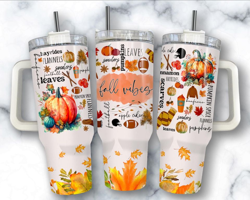 Fall Vibes 40 oz Tumbler with Handle: Autumn Pumpkin Spice Cup with Straw