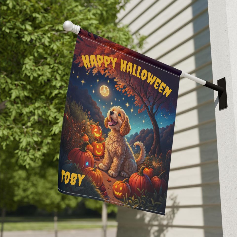 PERSONALIZED Cockapoo Halloween Garden Flag, Pet Halloween Flag, Cockapoo Yard Decor, Cockapoo Lawn Flag, Halloween Lawn Flag, Fall Flag