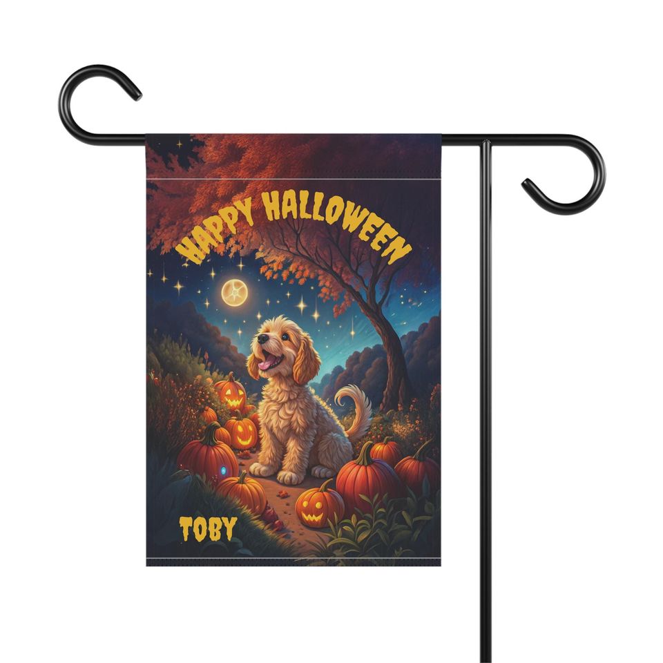 PERSONALIZED Cockapoo Halloween Garden Flag, Pet Halloween Flag, Cockapoo Yard Decor, Cockapoo Lawn Flag, Halloween Lawn Flag, Fall Flag