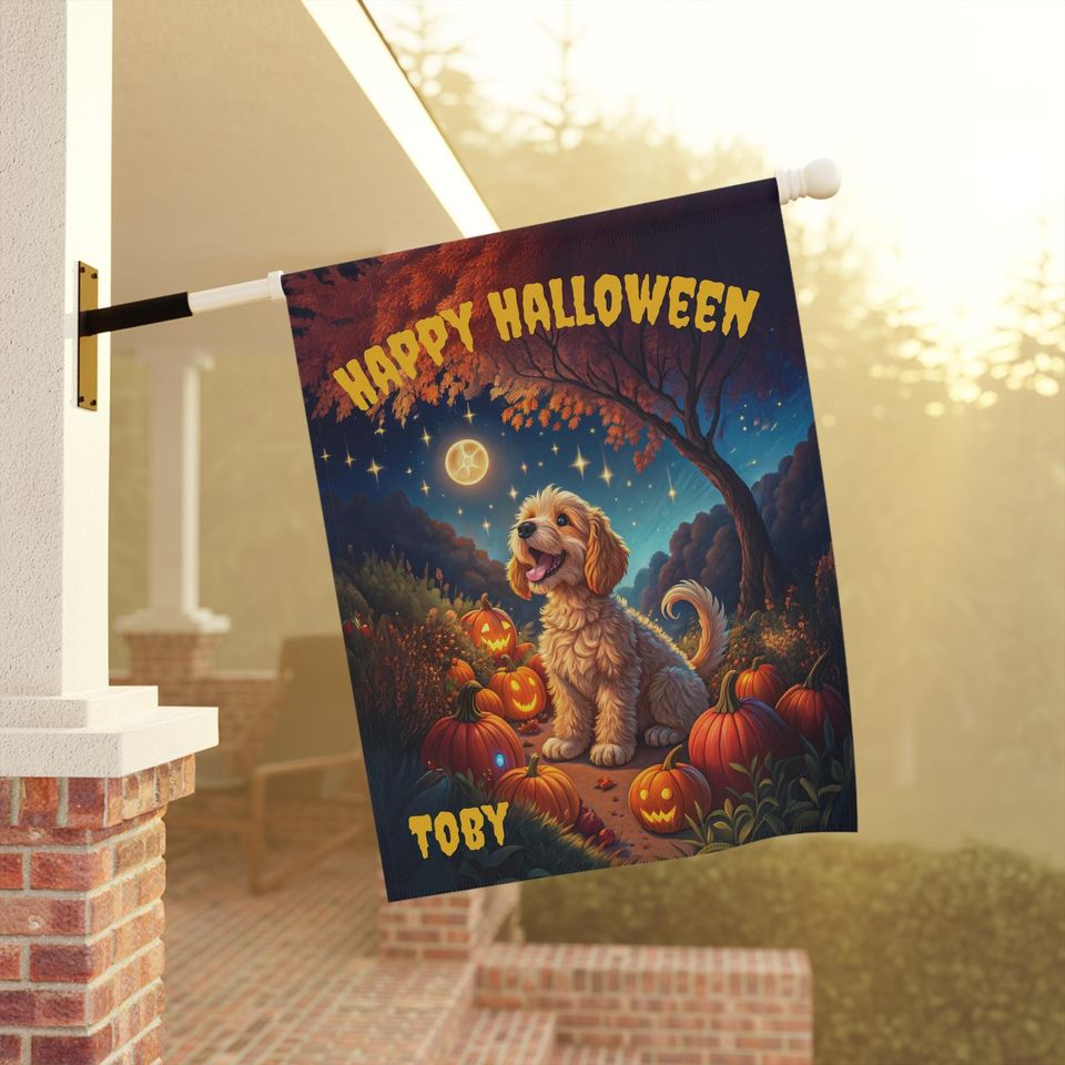 PERSONALIZED Cockapoo Halloween Garden Flag, Pet Halloween Flag, Cockapoo Yard Decor, Cockapoo Lawn Flag, Halloween Lawn Flag, Fall Flag