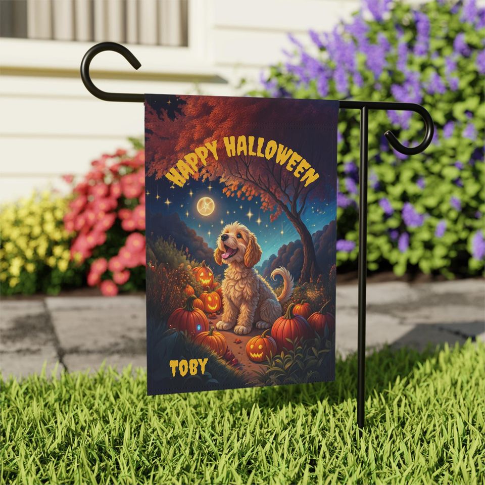 PERSONALIZED Cockapoo Halloween Garden Flag, Pet Halloween Flag, Cockapoo Yard Decor, Cockapoo Lawn Flag, Halloween Lawn Flag, Fall Flag