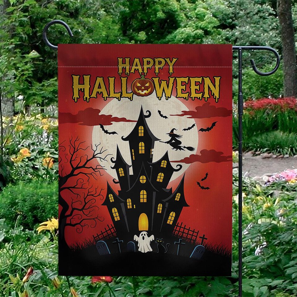 Halloween Garden Flag: Haunted House, Witch & Bats Decor