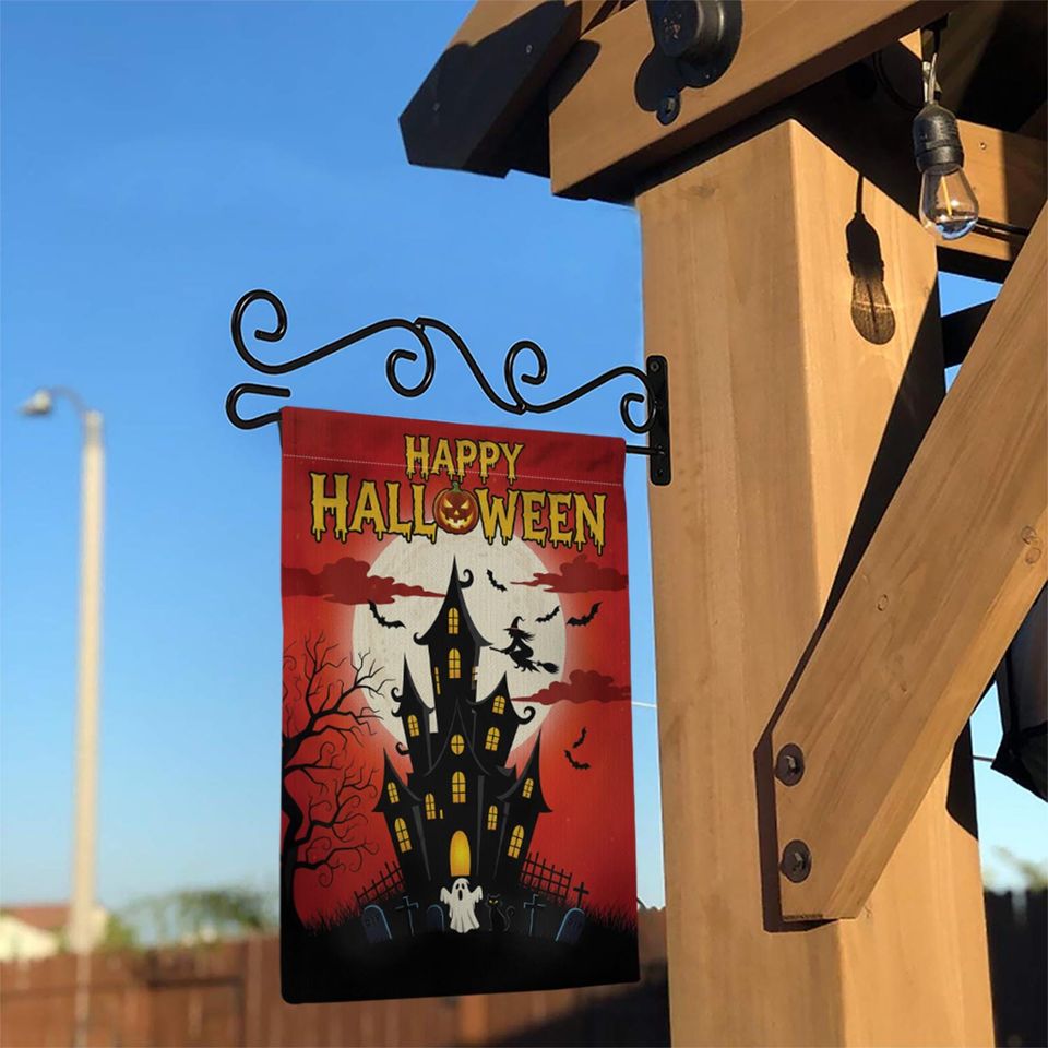 Halloween Garden Flag: Haunted House, Witch & Bats Decor