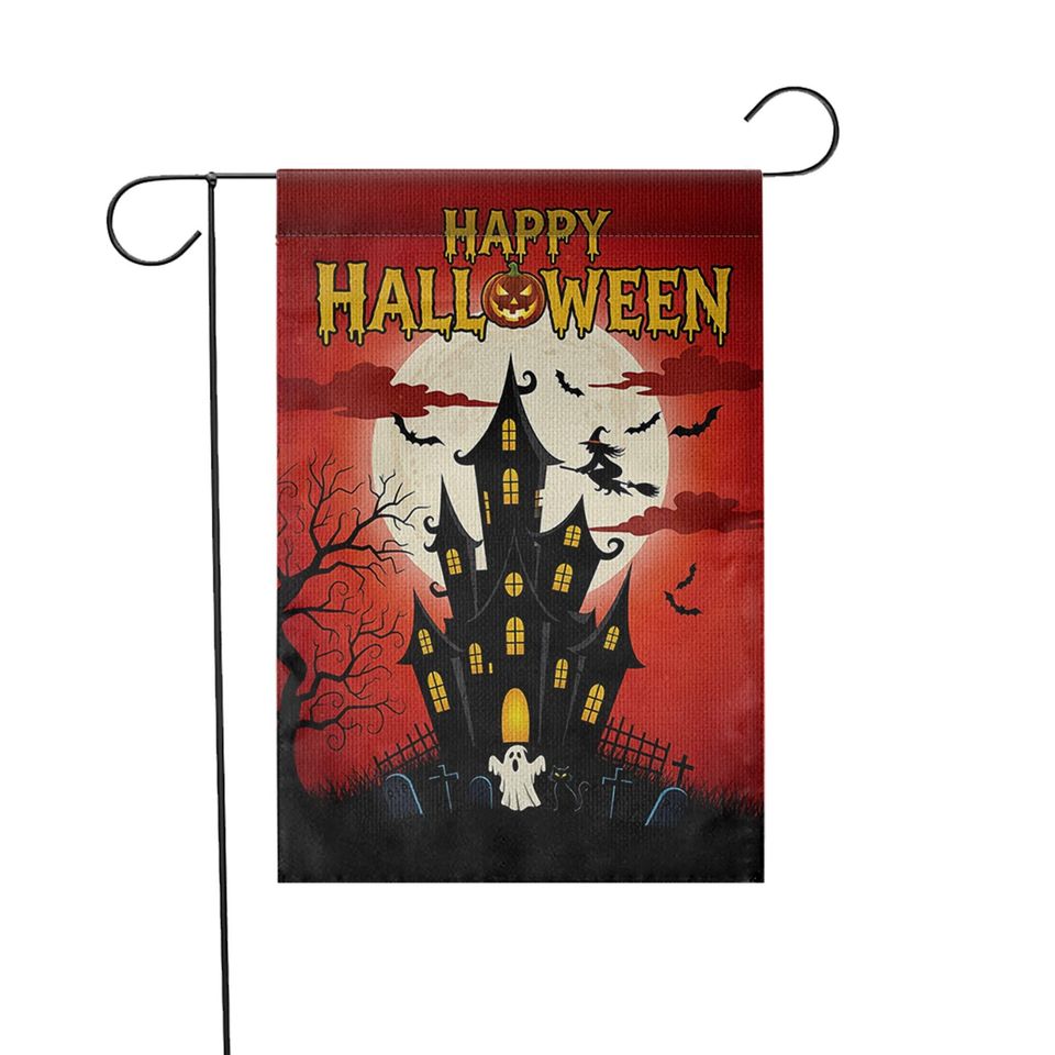 Halloween Garden Flag: Haunted House, Witch & Bats Decor