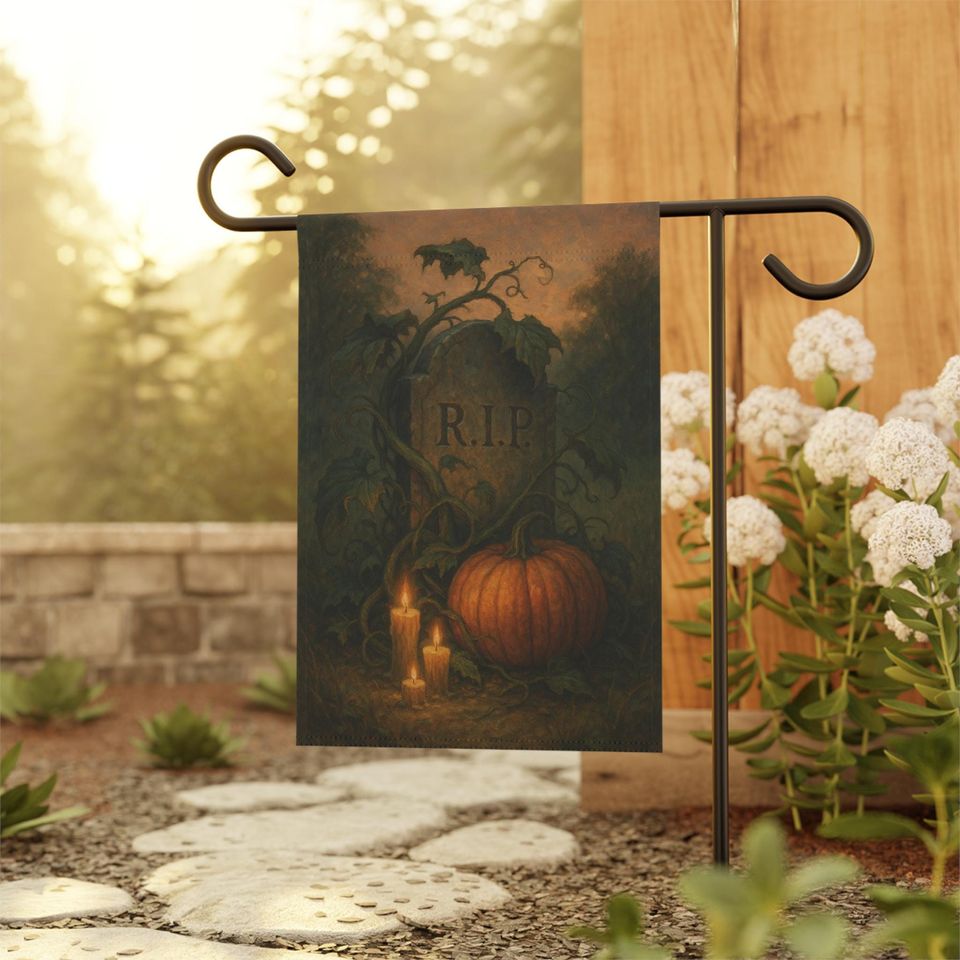 Gothic Halloween Garden Flag: Tombstone, Pumpkin, Graveyard Decor