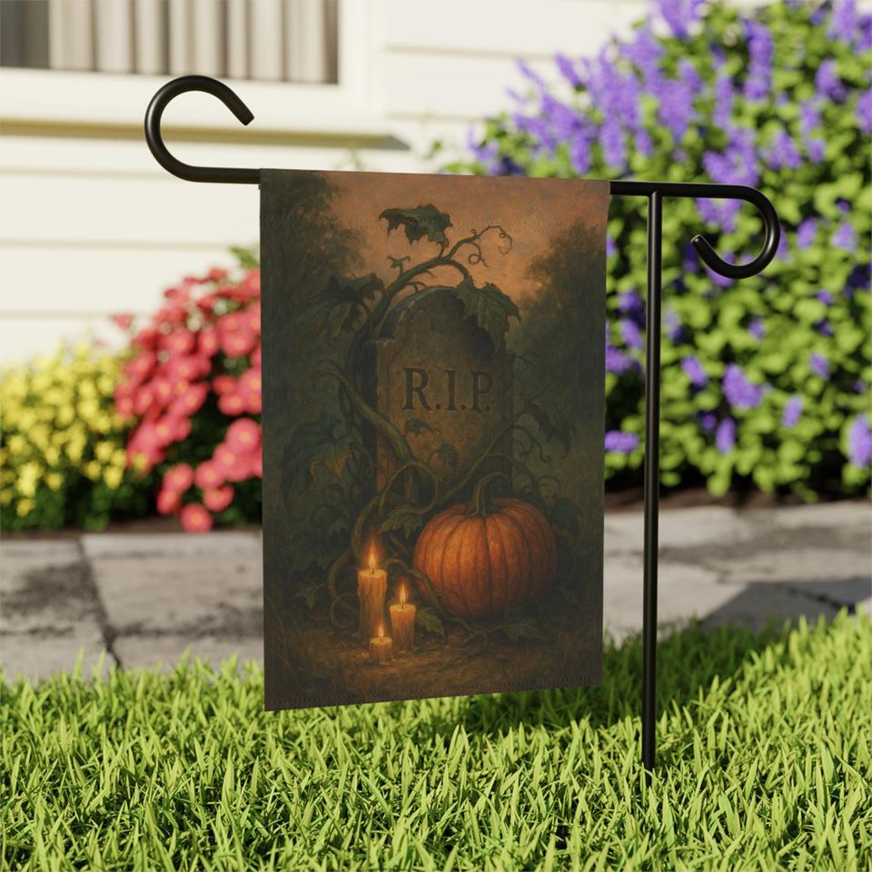 Gothic Halloween Garden Flag: Tombstone, Pumpkin, Graveyard Decor