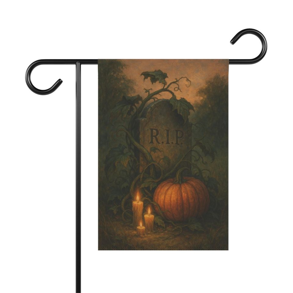 Gothic Halloween Garden Flag: Tombstone, Pumpkin, Graveyard Decor