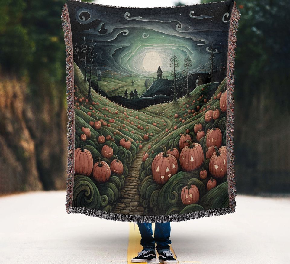 Halloween Pumpkin Farm Woven Throw Blanket: Cottagecore Decor