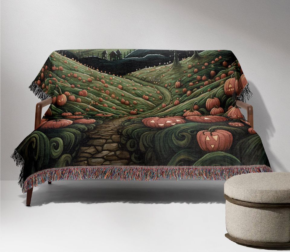 Halloween Pumpkin Farm Woven Throw Blanket: Cottagecore Decor