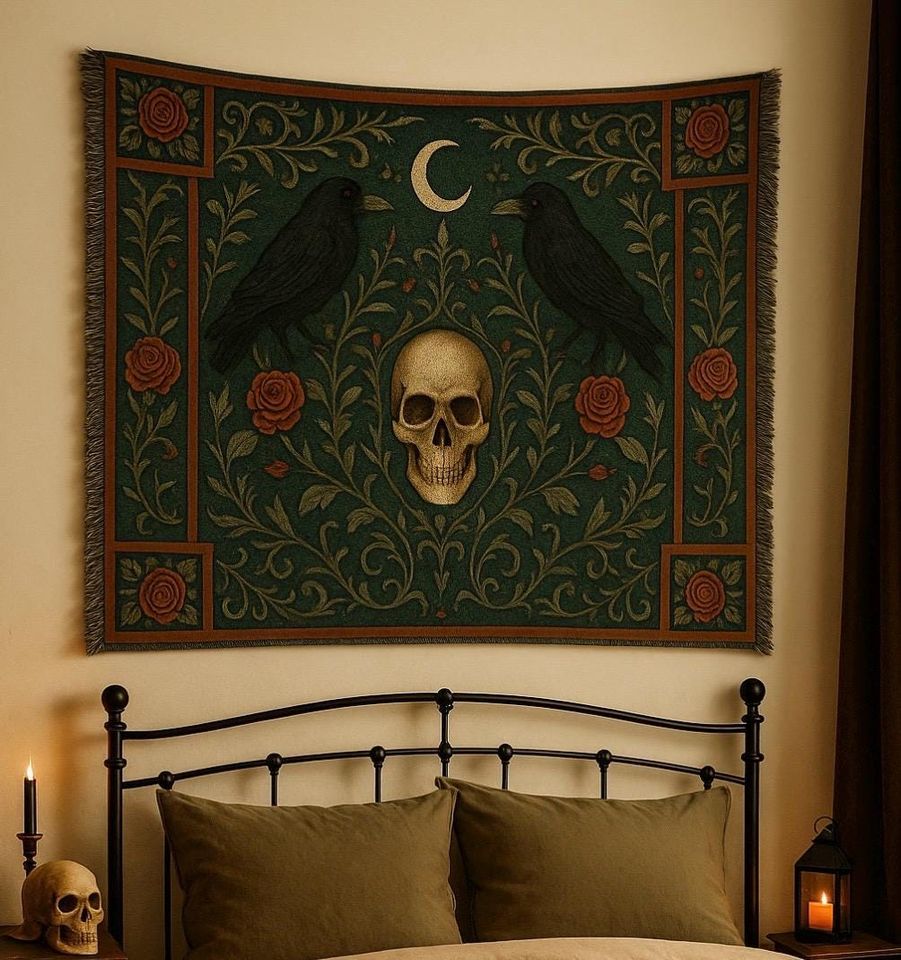 Gothic Skull & Raven Woven Blanket: Dark Academia Decor