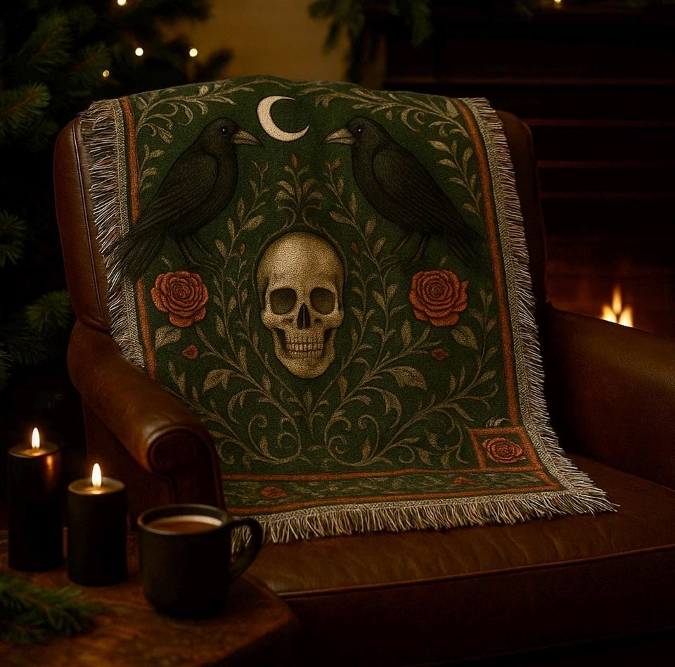 Gothic Skull & Raven Woven Blanket: Dark Academia Decor