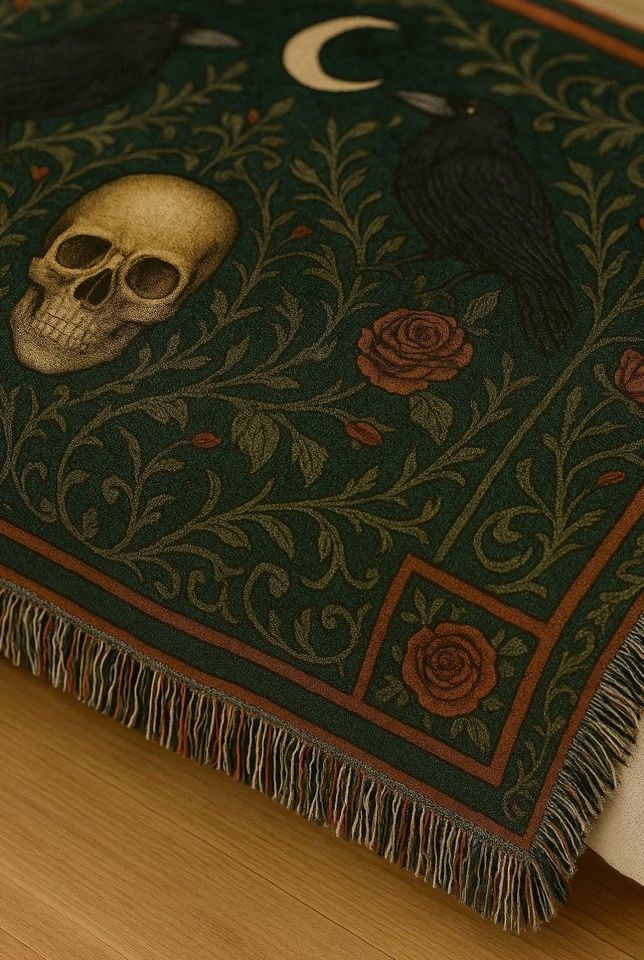 Gothic Skull & Raven Woven Blanket: Dark Academia Decor