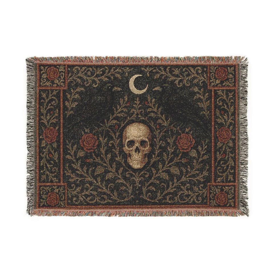 Gothic Skull & Raven Woven Blanket: Dark Academia Decor