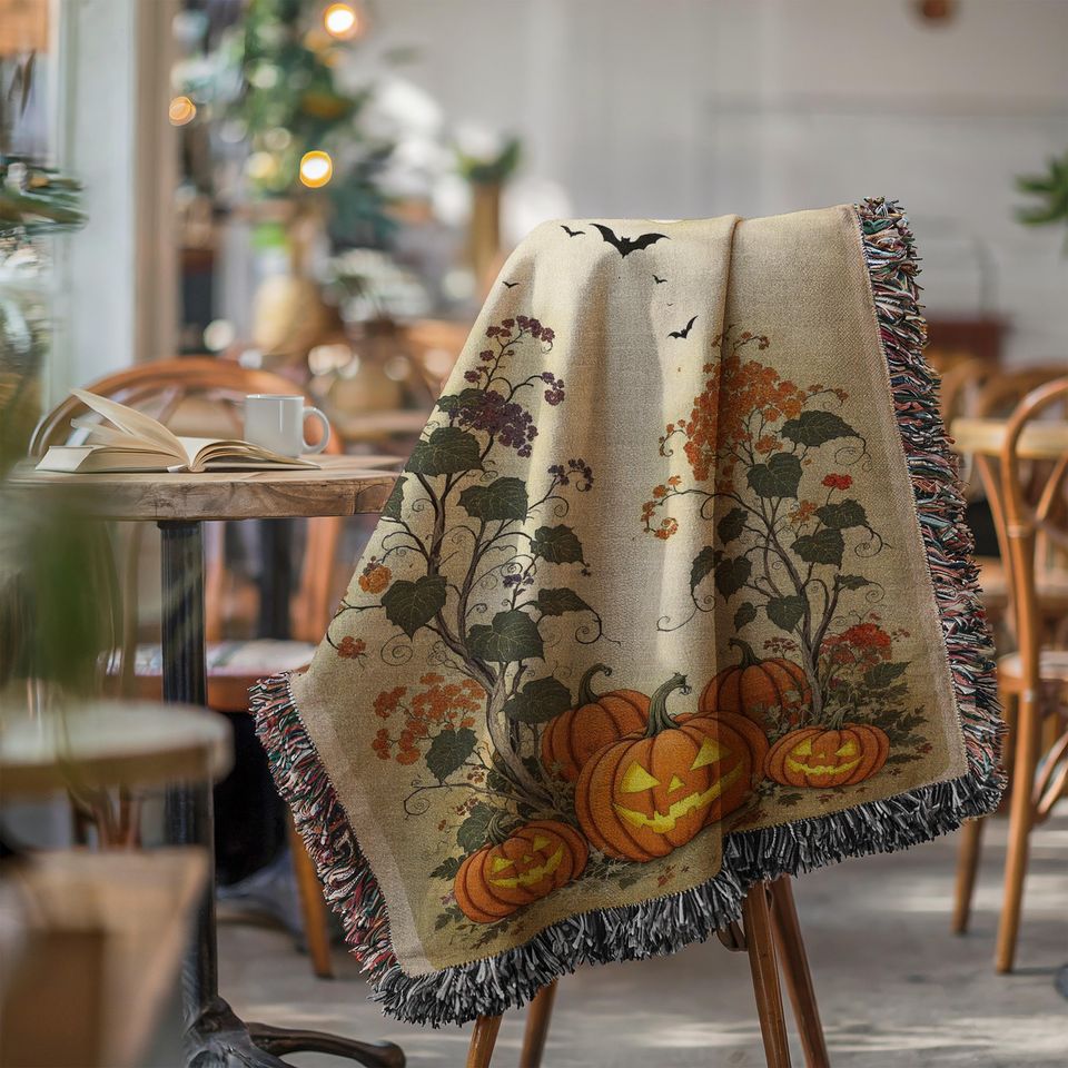 Spooky Pumpkins Woven  Blanket: Gothic Halloween Decor