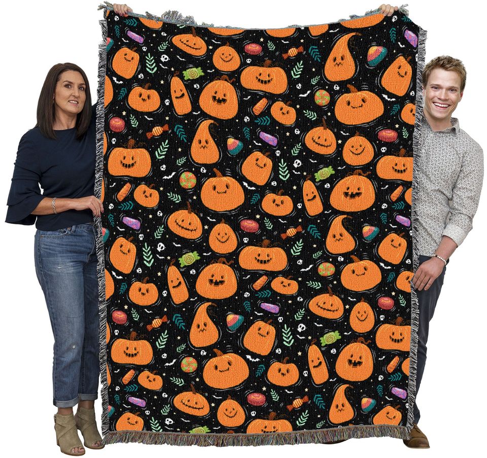 Pumpkins Halloween Candy Blanket - Tapestry Throw Woven from Cot on - Made in The USA (72x54)