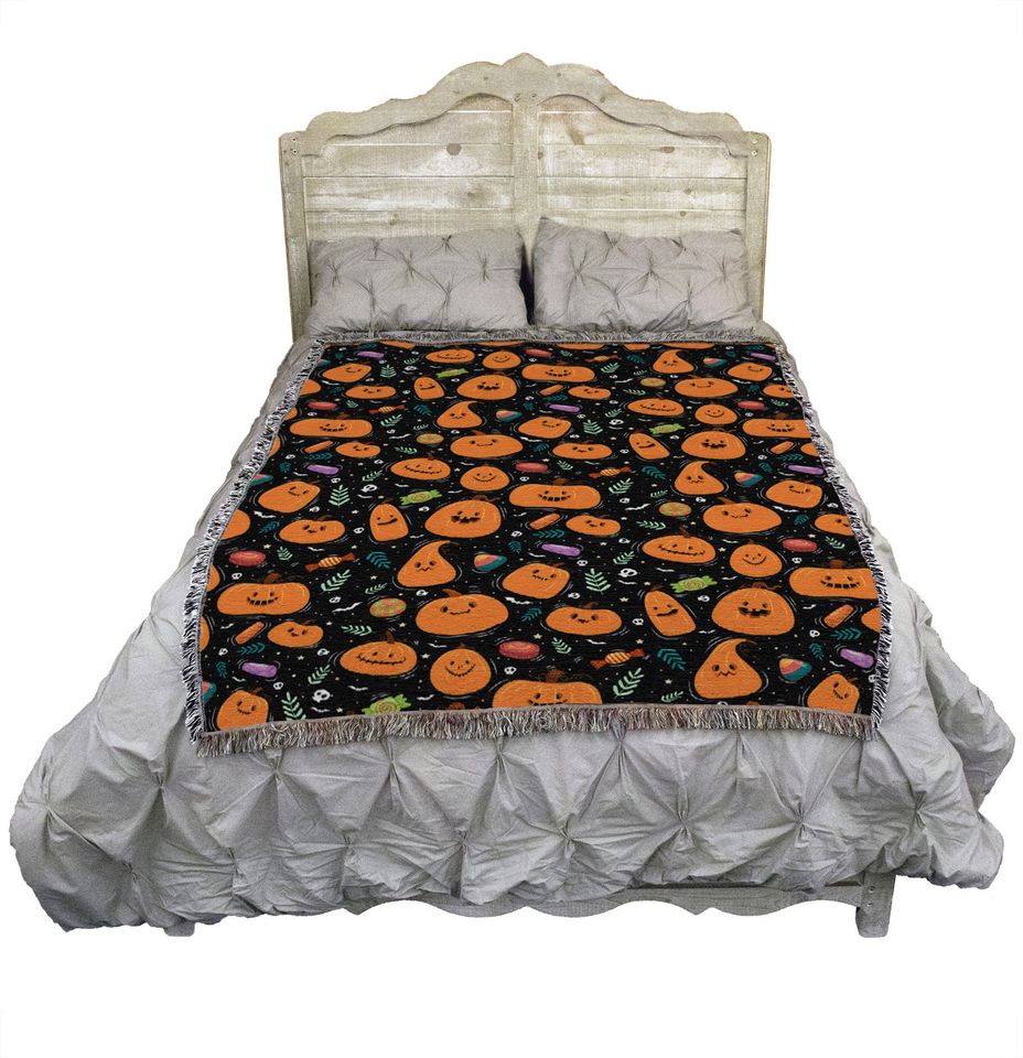 Pumpkins Halloween Candy Blanket - Tapestry Throw Woven from Cot on - Made in The USA (72x54)