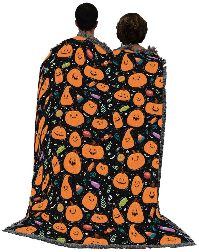 Pumpkins Halloween Candy Blanket - Tapestry Throw Woven from Cot on - Made in The USA (72x54)