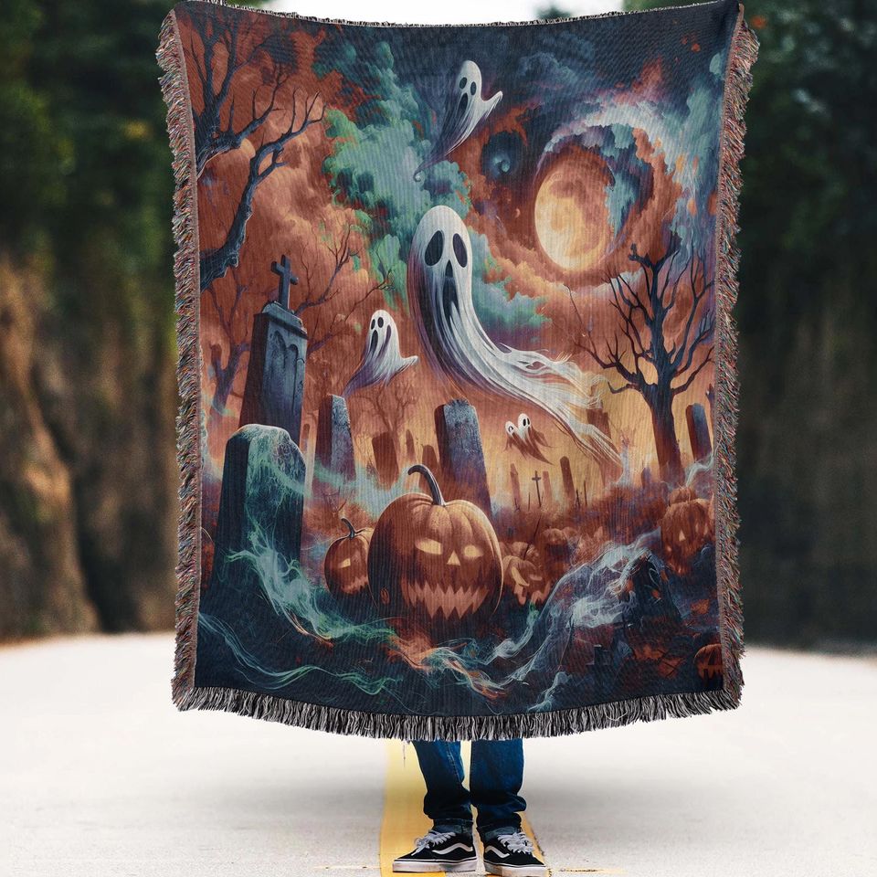 Halloween Graveyard Woven Throw Blanket: Pumpkins & Ghosts