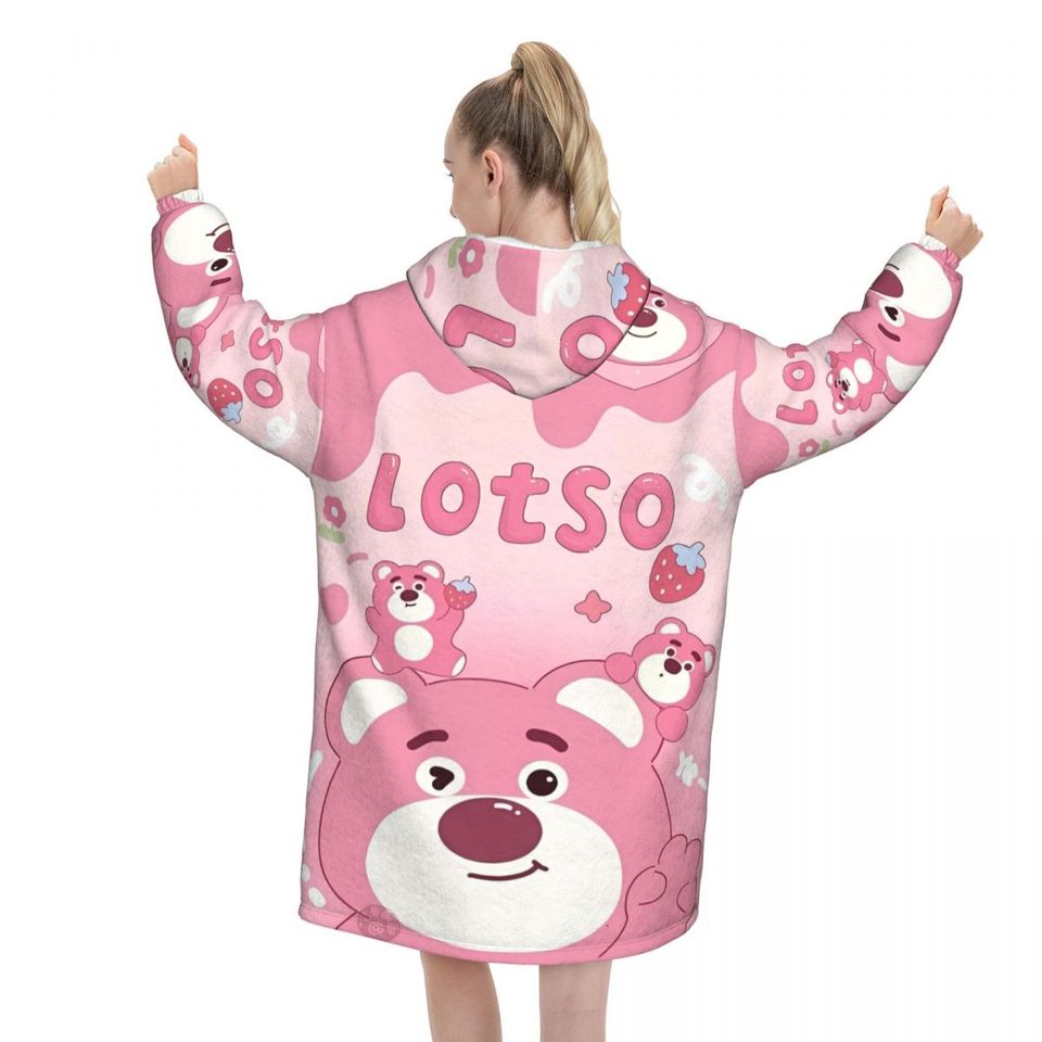 Lotso Pink Bear Wearable Blanket Hoodie for Women and Men Oversized Sweatshirt with Pocket
