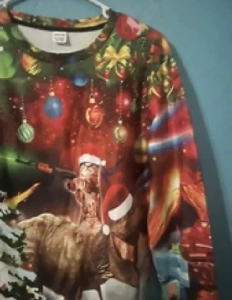 Gun Cat Riding Dinosaur Ugly Christmas Sweater .New