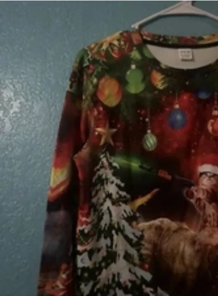 Gun Cat Riding Dinosaur Ugly Christmas Sweater .New