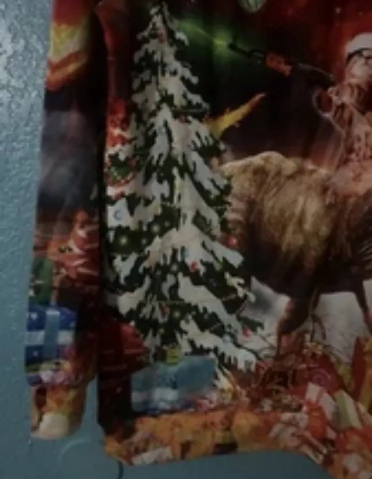 Gun Cat Riding Dinosaur Ugly Christmas Sweater .New