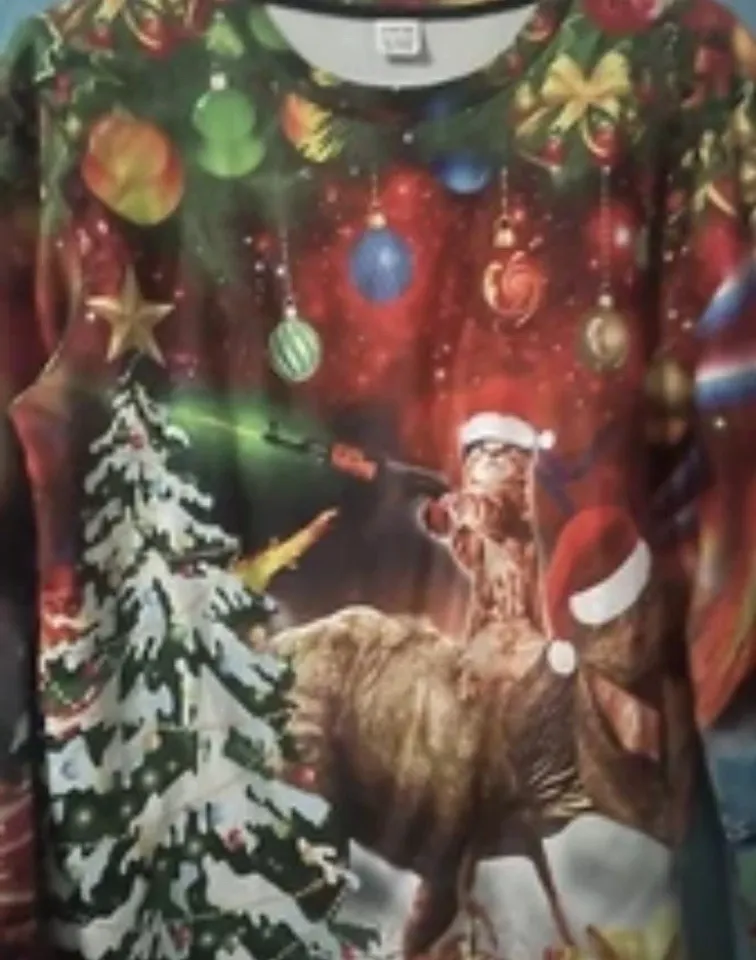 Gun Cat Riding Dinosaur Ugly Christmas Sweater .New