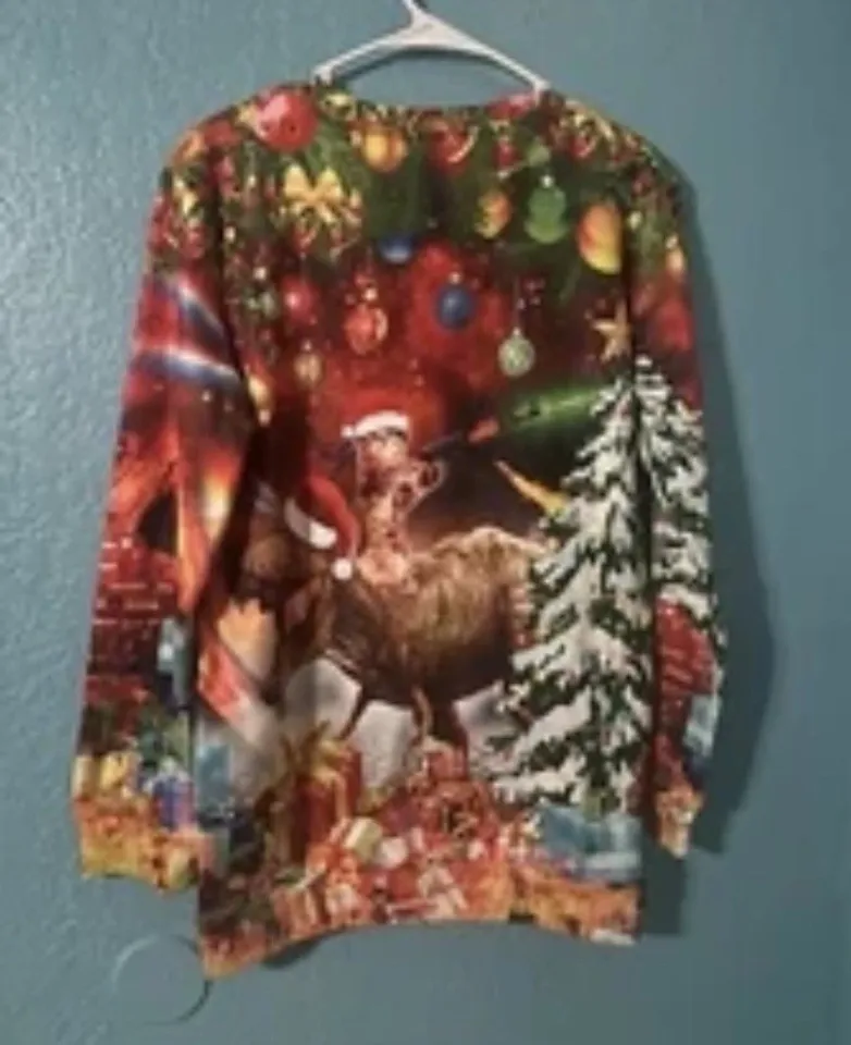 Gun Cat Riding Dinosaur Ugly Christmas Sweater .New