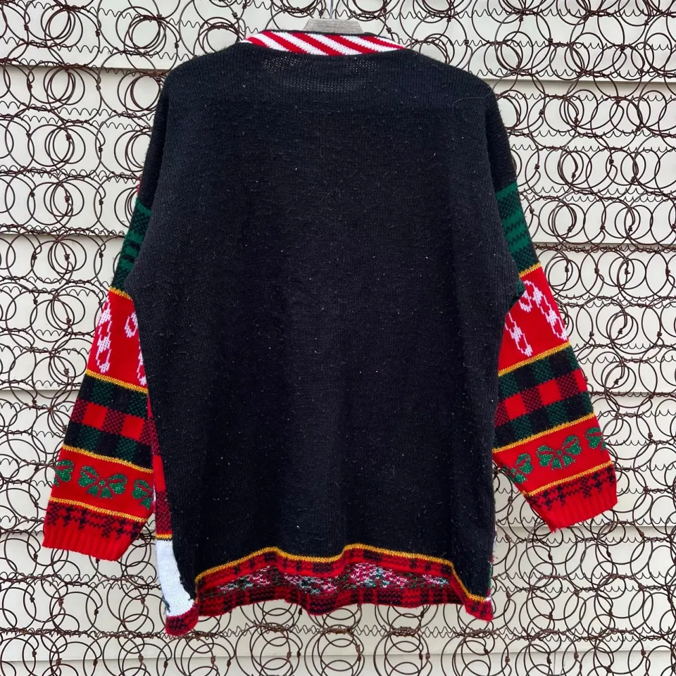VTG 90s Teddy Bear Santa Clause Plaid Mock Neck Ugly Christmas Holiday Sweater M