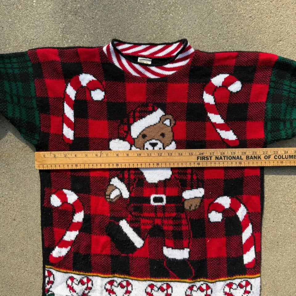 VTG 90s Teddy Bear Santa Clause Plaid Mock Neck Ugly Christmas Holiday Sweater M