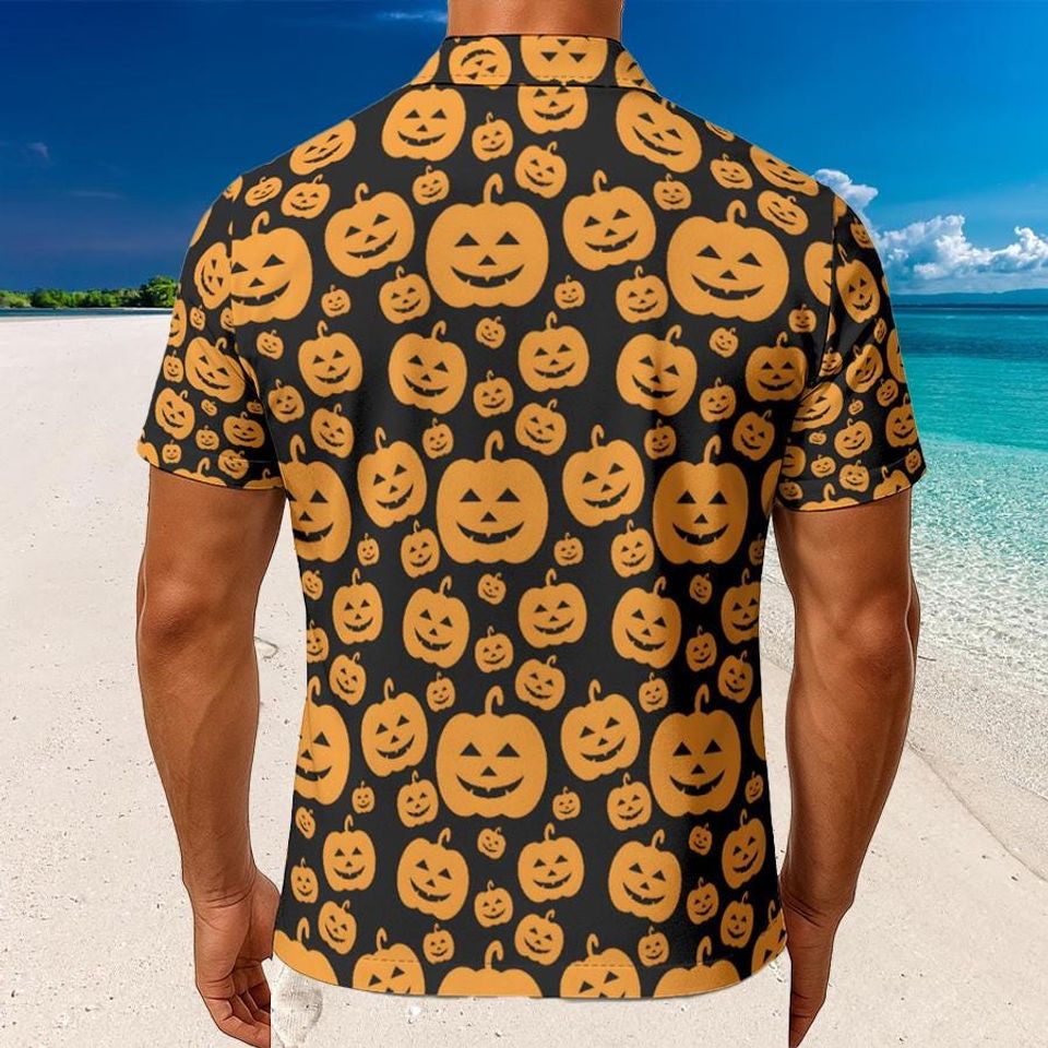 Halloween Pumpkin Shirt Men Black Orange Hawaiian Shirt, Funny Spooky Holiday Party Shirt, Ghost Festival Vacation Outfit Gift Fall Gift Tee