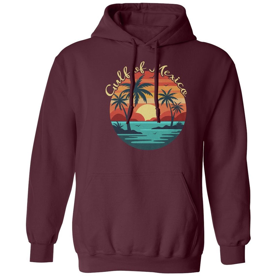 Gulf Of Mexico Retro Sunset Tee - Vintage Beach Unisex Hooded Sweatshirt