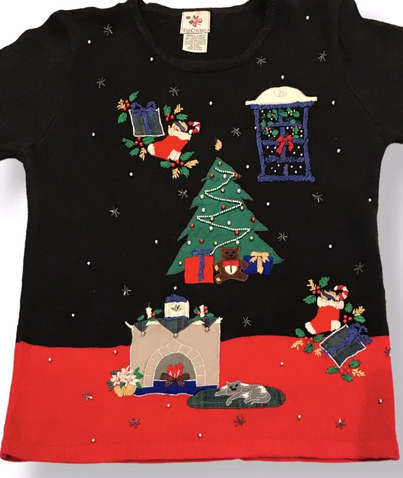 Vtg Nutcracker Womens Ugly Christmas Sweater Size S Tree Fireplace Dog Gifts