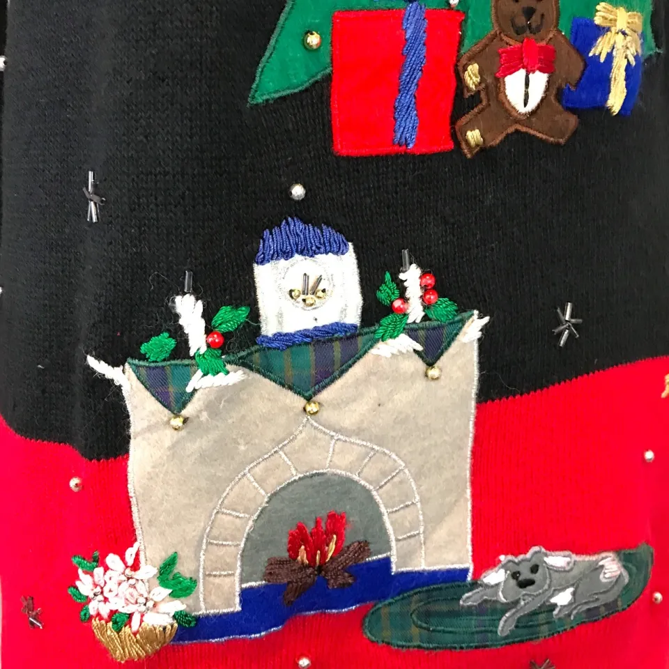 Vtg Nutcracker Womens Ugly Christmas Sweater Size S Tree Fireplace Dog Gifts