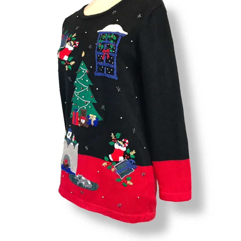 Vtg Nutcracker Womens Ugly Christmas Sweater Size S Tree Fireplace Dog Gifts