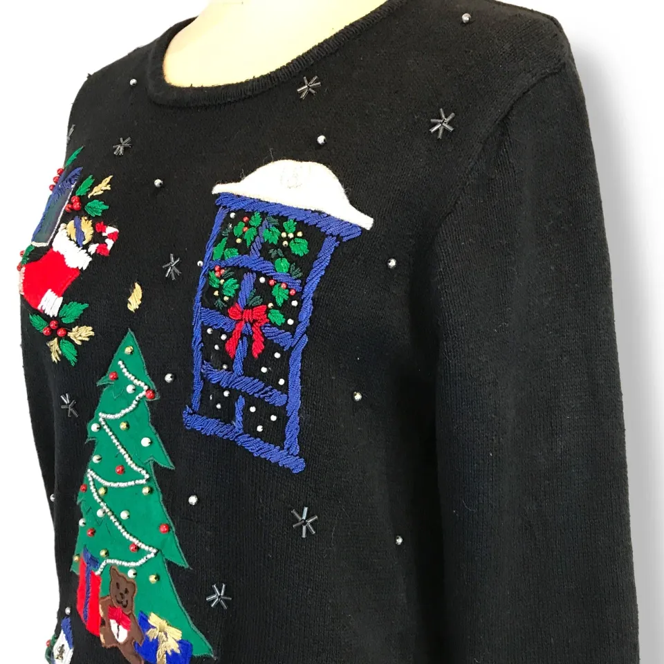 Vtg Nutcracker Womens Ugly Christmas Sweater Size S Tree Fireplace Dog Gifts