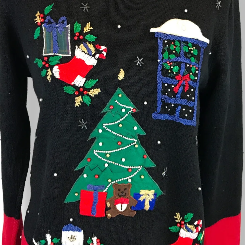 Vtg Nutcracker Womens Ugly Christmas Sweater Size S Tree Fireplace Dog Gifts